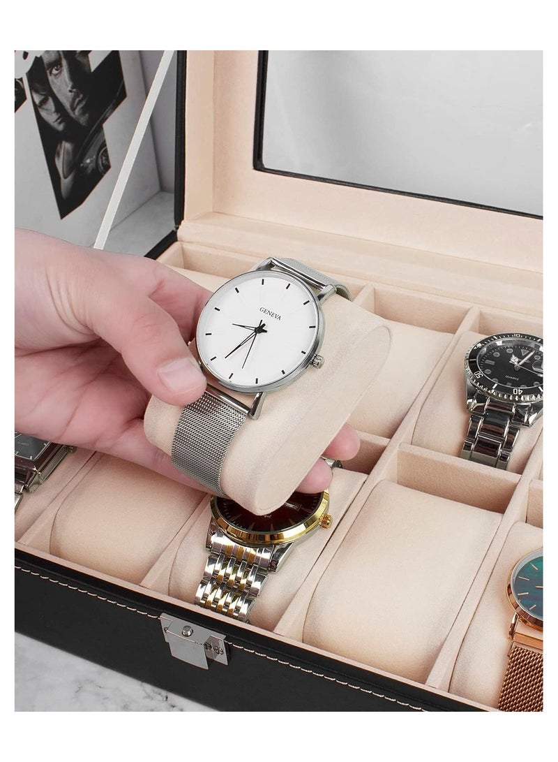 رايلان منظم صندوق ساعة Rylan من جلد البولي يوريثان 10 فتحات لساعة المعصم صندوق عرض وحامل تخزين منظم وحافظة ساعة مجوهرات عرض صندوق ساعة (أسود، 20 × 25 × 8 سم) (10 فتحات) - Image 5