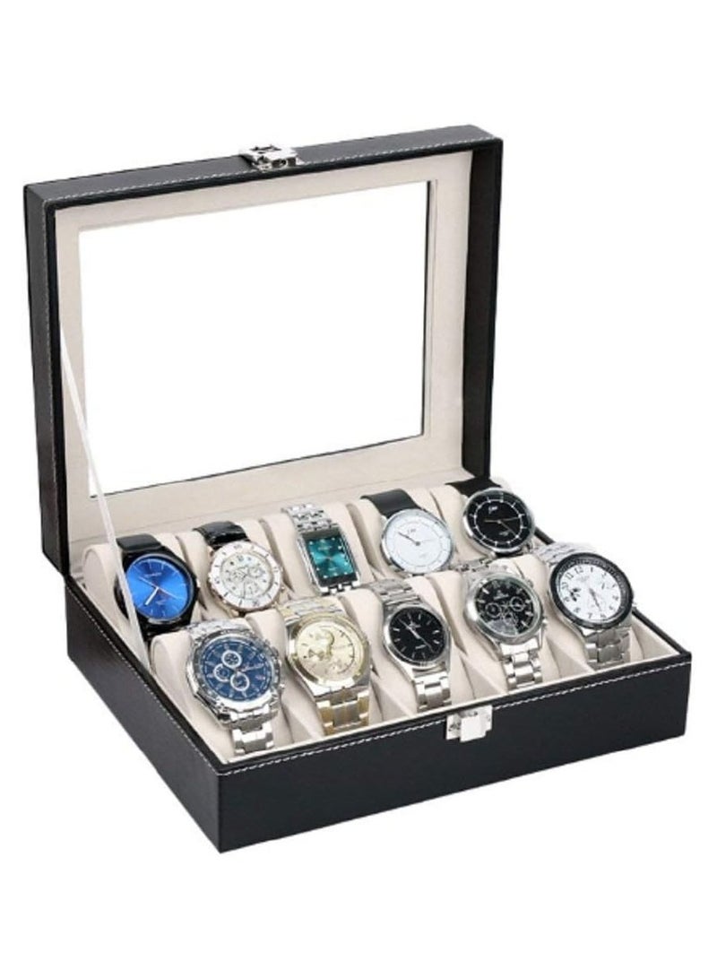 رايلان منظم صندوق ساعة Rylan من جلد البولي يوريثان 10 فتحات لساعة المعصم صندوق عرض وحامل تخزين منظم وحافظة ساعة مجوهرات عرض صندوق ساعة (أسود، 20 × 25 × 8 سم) (10 فتحات) - Image 1