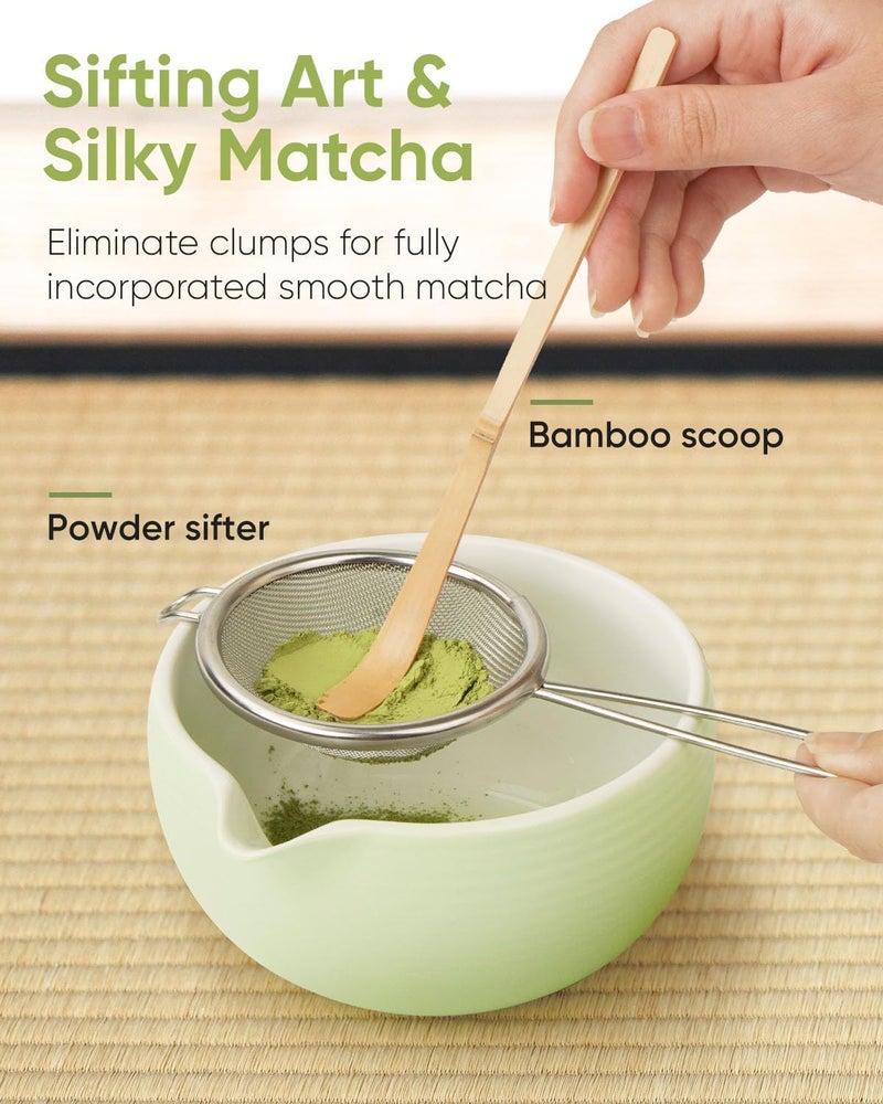 Joiish Matcha Whisk Set Kit, 5-PC Ceramic Matcha Bowl with Spout & Holder, Bamboo Whisk, Sifter, Scoop, Traditional Japanese Matcha Tea Making Tools, Complete Gift Set - Image 3