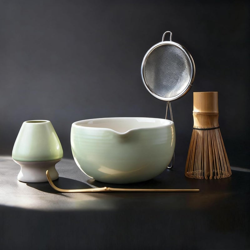 Joiish Matcha Whisk Set Kit, 5-PC Ceramic Matcha Bowl with Spout & Holder, Bamboo Whisk, Sifter, Scoop, Traditional Japanese Matcha Tea Making Tools, Complete Gift Set - Image 1