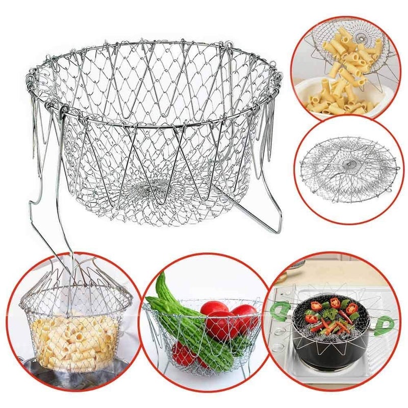 ShineMe 304 Stainless Steel Foldable Steam Rinse Strain Fry Basket Strainer Net Kitchen Cooking Tool for Fried Food or Fruits - Image 2