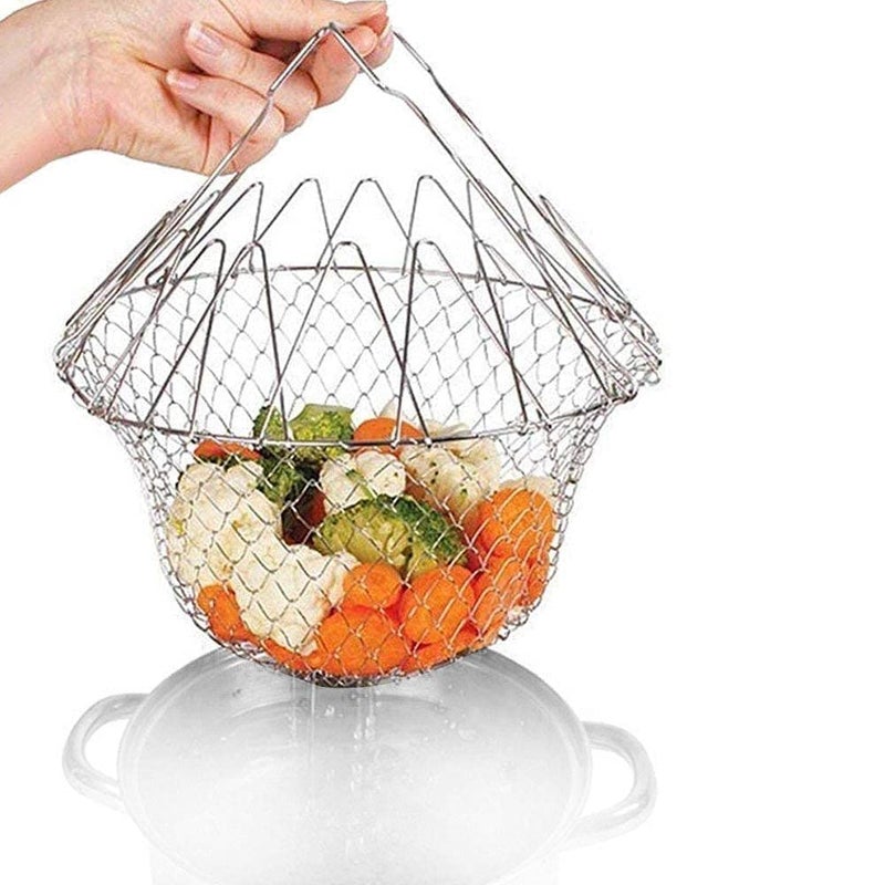 ShineMe 304 Stainless Steel Foldable Steam Rinse Strain Fry Basket Strainer Net Kitchen Cooking Tool for Fried Food or Fruits - Image 4