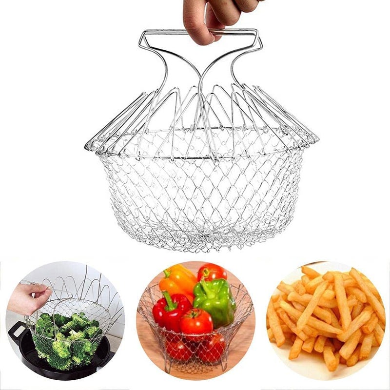 ShineMe 304 Stainless Steel Foldable Steam Rinse Strain Fry Basket Strainer Net Kitchen Cooking Tool for Fried Food or Fruits - Image 3