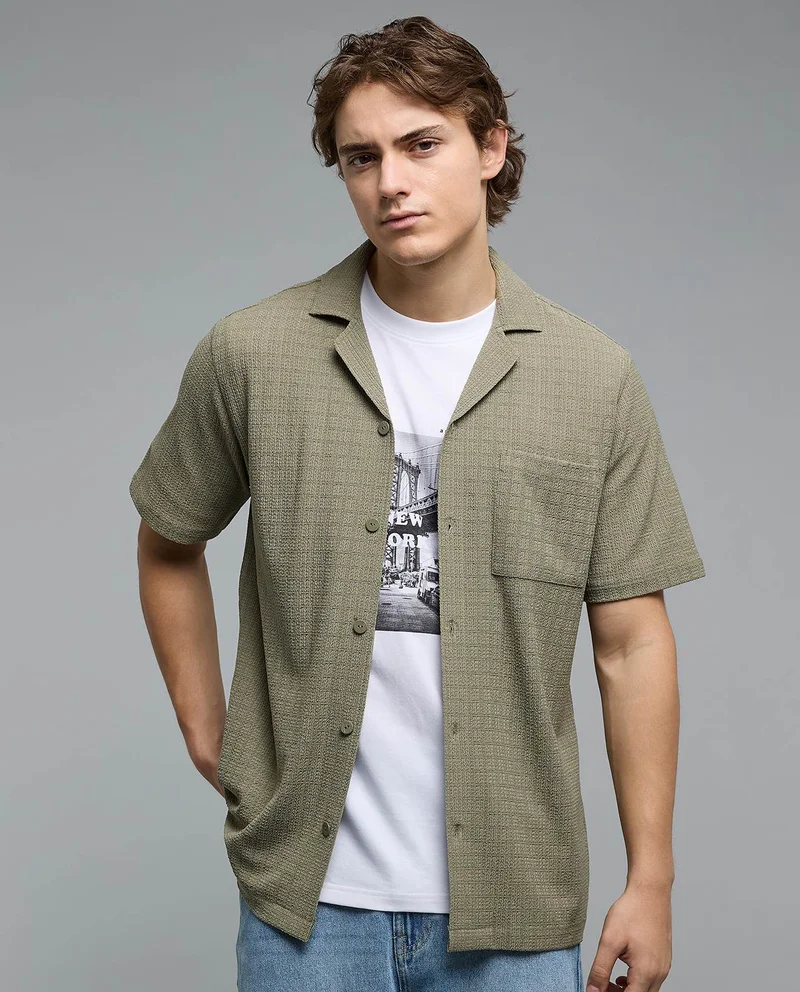 R&B Textured Shirt with Revere Collar and Short Sleeves