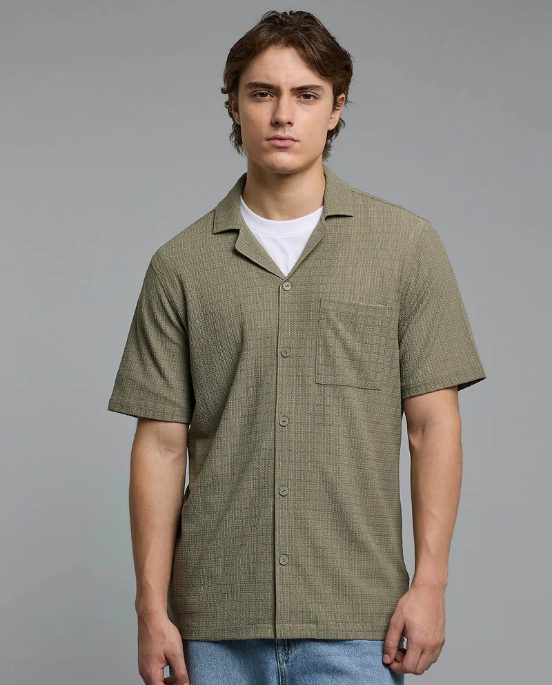 R&B Textured Shirt with Revere Collar and Short Sleeves
