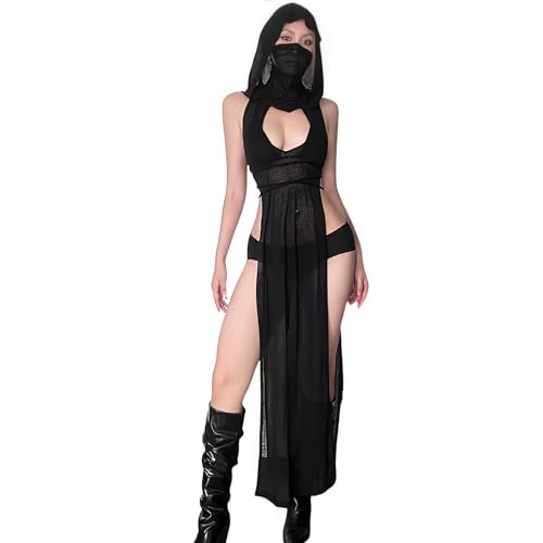 ST.Manrdy Rave Outfits for Women Streetwear High Split Hooded Dress Succubus Sexy Rave Swimsuit Cover Ups（M） Black - Image 1