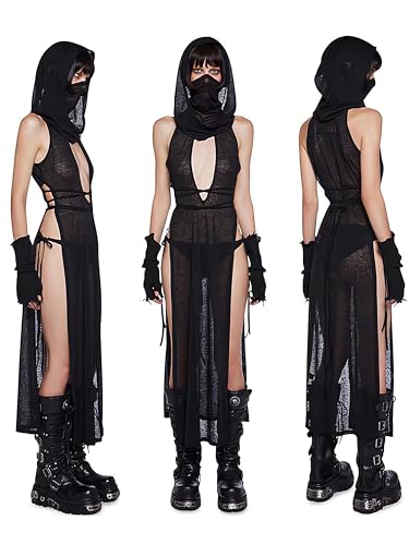ST.Manrdy Rave Outfits for Women Streetwear High Split Hooded Dress Succubus Sexy Rave Swimsuit Cover Ups（M） Black - Image 2