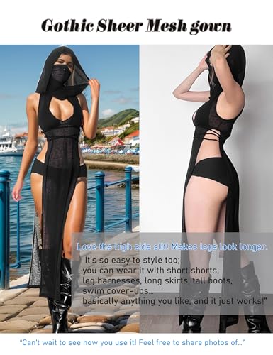 ST.Manrdy Rave Outfits for Women Streetwear High Split Hooded Dress Succubus Sexy Rave Swimsuit Cover Ups（M） Black - Image 5