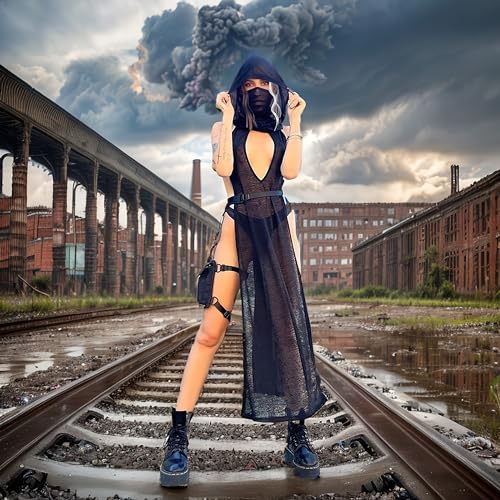 ST.Manrdy Rave Outfits for Women Streetwear High Split Hooded Dress Succubus Sexy Rave Swimsuit Cover Ups（M） Black - Image 3