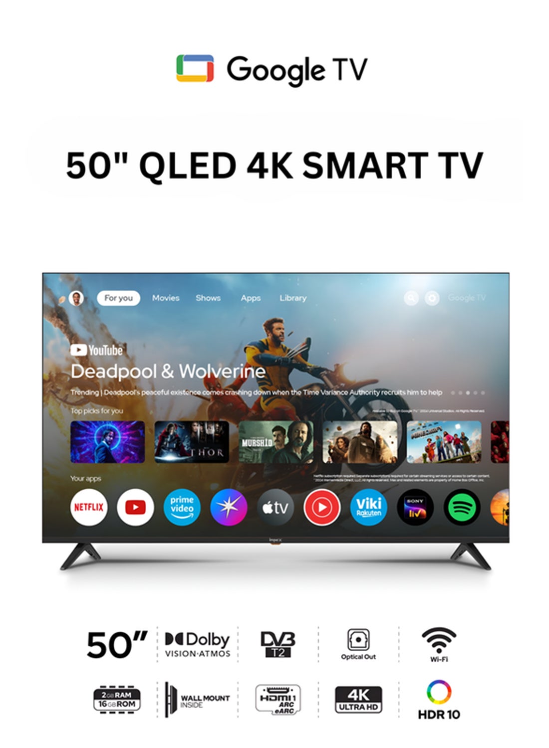 50 Inch Google QLED 4K Ultra HD TV – 120Hz Refresh Rates Television Music And Songs Entertainment, Dolby Audio, HDMI ARC, DVB T2/S2, 2GB RAM + 16GB ROM, Voice Remote, Bluetooth/WiFi, Wall Mount, 2xUSB, 4xHDMI – 2-Year Warranty evoQ 50S4QLC2R120 Black