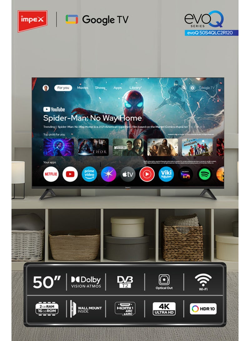 Impex 50 Inch Google QLED 4K Ultra HD TV – 120Hz Refresh Rates Television Music And Songs Entertainment, Dolby Audio, HDMI ARC, DVB T2/S2, 2GB RAM + 16GB ROM, Voice Remote, Bluetooth/WiFi, Wall Mount, 2xUSB, 4xHDMI – 2-Year Warranty evoQ 50S4QLC2R120 Black - Image 2