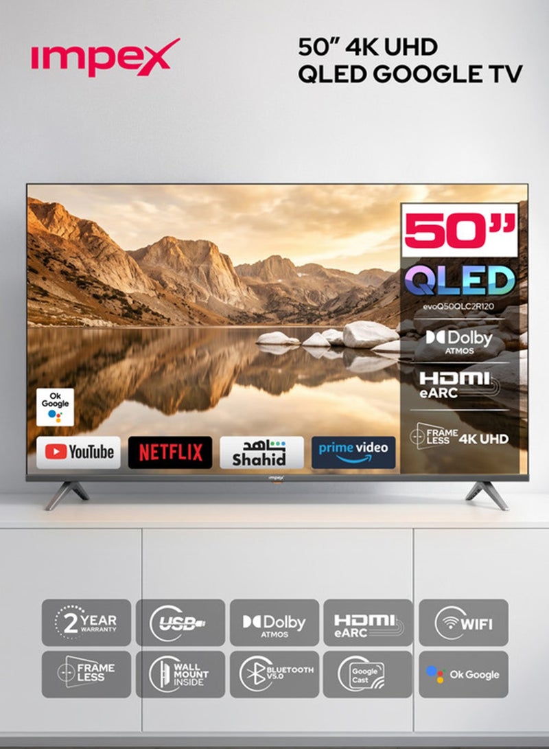 Impex 50 Inch Google QLED 4K Ultra HD TV – 120Hz Refresh Rates Television Music And Songs Entertainment, Dolby Audio, HDMI ARC, DVB T2/S2, 2GB RAM + 16GB ROM, Voice Remote, Bluetooth/WiFi, Wall Mount, 2xUSB, 4xHDMI – 2-Year Warranty evoQ 50QLC2R120 Black - Image 1