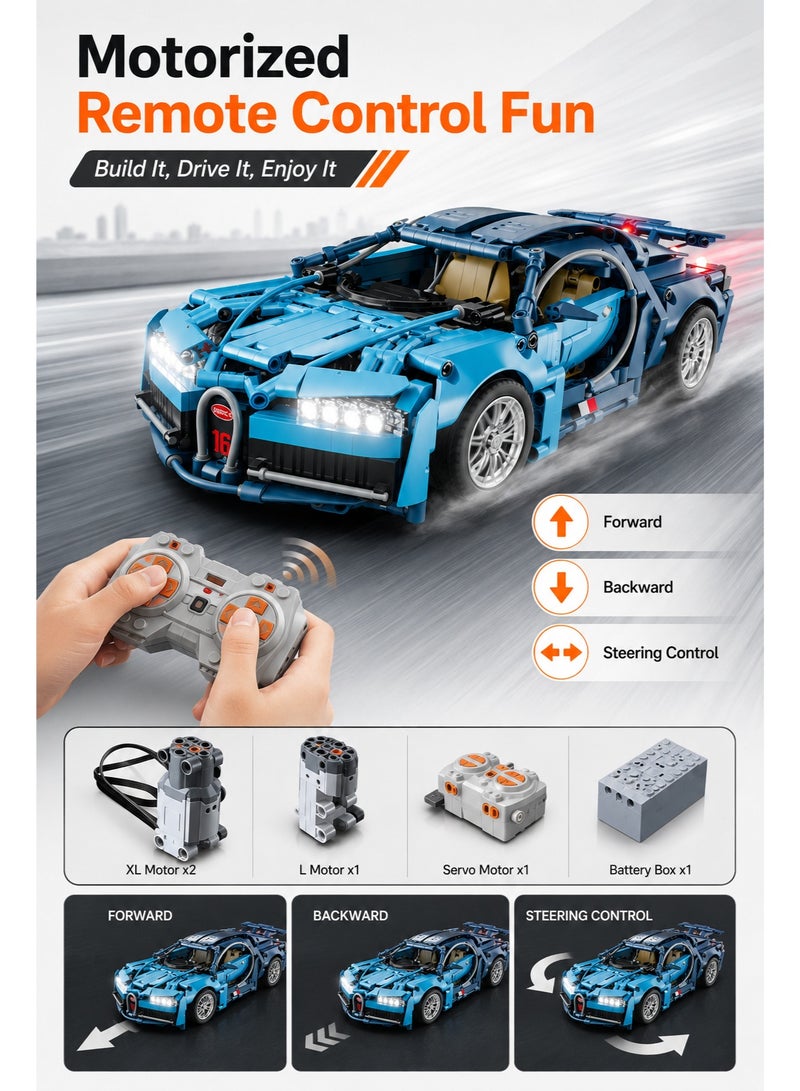 Al LIFE Remote Control Supercar Building Blocks Set With LED Lights, Motorized RC Racing Car STEM Construction Toy, DIY Blue Sports Car Model Kit With Power Motor, Remote Controller, Educational Assembly Gift For Kids Boys 6+ - Image 2