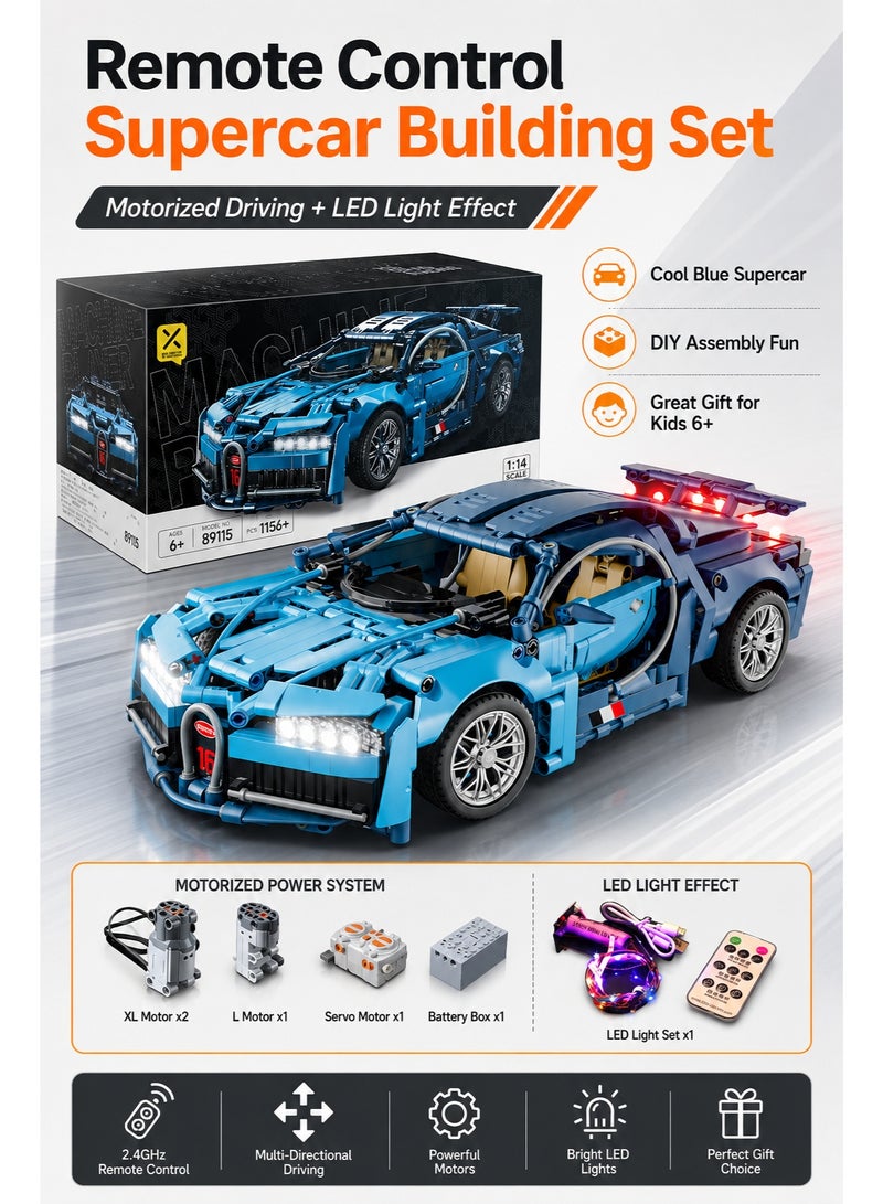 Al LIFE Remote Control Supercar Building Blocks Set With LED Lights, Motorized RC Racing Car STEM Construction Toy, DIY Blue Sports Car Model Kit With Power Motor, Remote Controller, Educational Assembly Gift For Kids Boys 6+ - Image 1