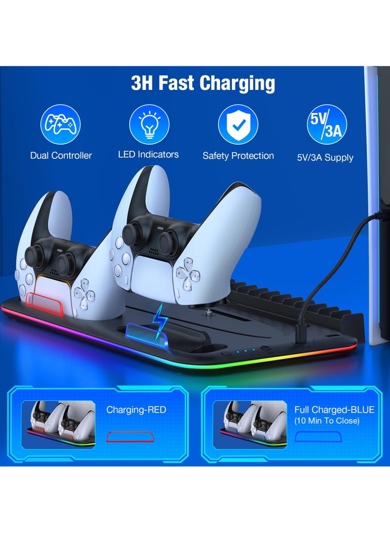سايتاك حامل PS5 Slim مع محطة تبريد وشحن يد التحكم لجهاز PS5 Slim Disc Digital مروحة تبريد RGB LED حامل سماعة رأس 15 فتحة للألعاب ملحقات Playstation 5 للاستخدام اليومي والهدية - Image 5