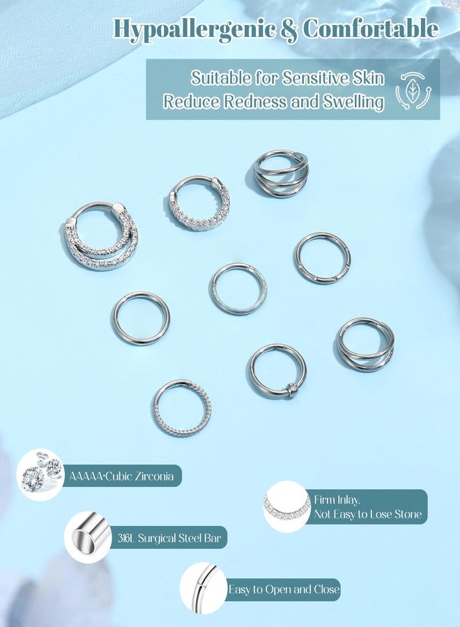 BESTEEL Septum Rings 16G Surgical Steel Hinged Nose Rings Hoop for Women Men Hypoallergenic Opal CZ Septum Clicker Segment Nose Rings Cartilage Hoop Earrings Rook Helix Tragus Conch Lip Daith Nose - Image 2