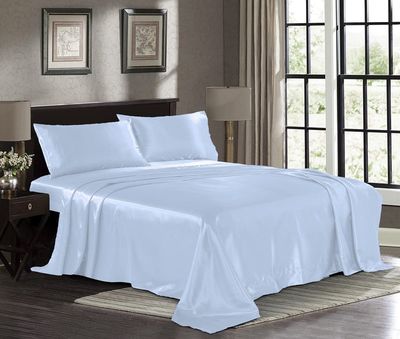 Pure Bedding Satin Sheets Queen 4Piece Baby Blue Hotel Luxury Silky Bed Sheets  Extra Soft 1800 Microfiber Sheet Set Wrinkle Fade Deep Pocket Fitted Sheet Flat Sheet Pillow Cases