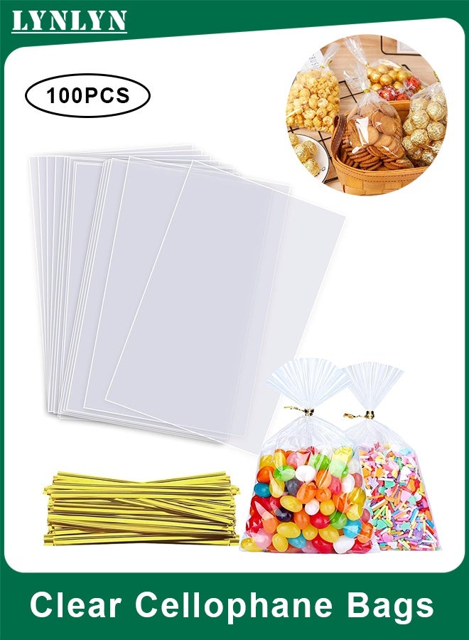 LYNLYN 100 Pack Clear Cellophane Gift Bags with Twist Ties for Treats, Candies, Cookies, Popcorn, and Party（15x25 cm） - Image 1