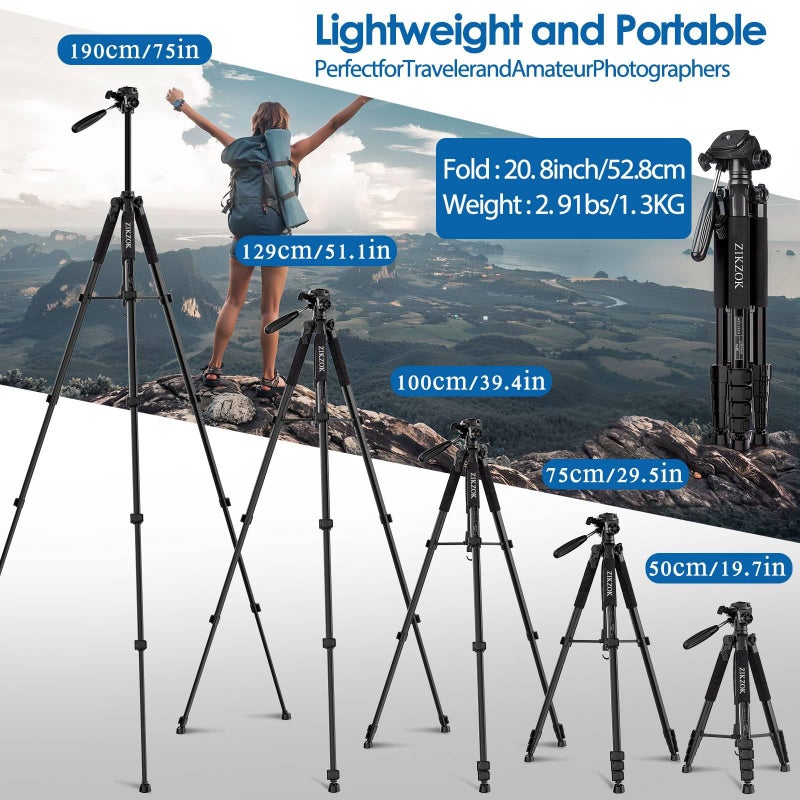 ZIKZOK 75" Camera Tripod, Aluminum Heavy Duty Camera Stand for ipad Phone, Travel Tripod with/Carry Bag/Phone Tablet Holder, Compatible with Canon Nikon Sony DSLR, Spotting Scopes, Max Load 15 Lb(Black) - Image 3
