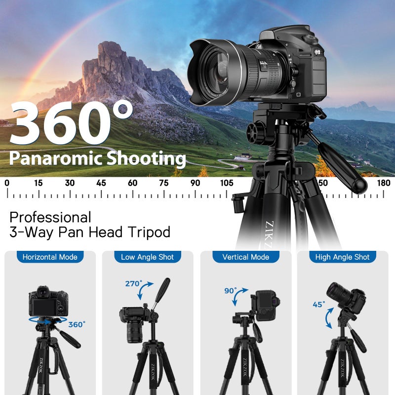 ZIKZOK 75" Camera Tripod, Aluminum Heavy Duty Camera Stand for ipad Phone, Travel Tripod with/Carry Bag/Phone Tablet Holder, Compatible with Canon Nikon Sony DSLR, Spotting Scopes, Max Load 15 Lb(Black) - Image 4