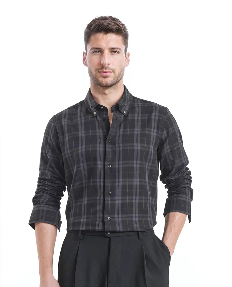Rare Rabbit Rare Rabbit Men's Pambi Dark Black Cotton Fabric Full Sleeve Collared Neck Checks Shirt