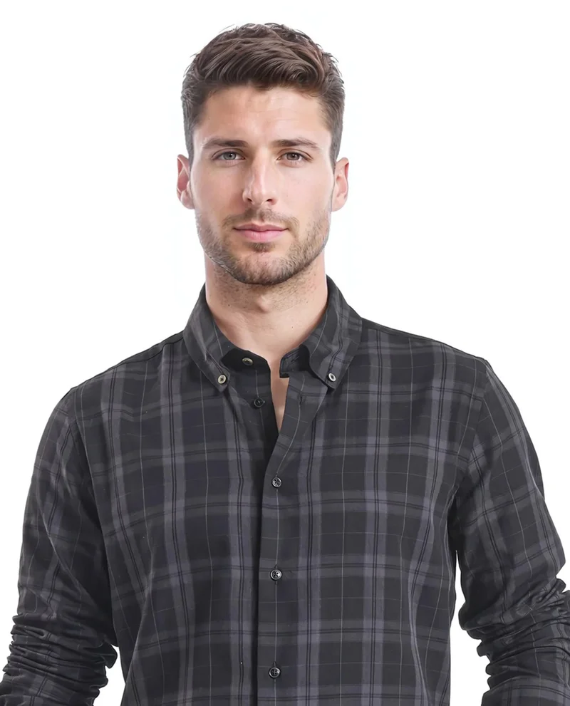Rare Rabbit Rare Rabbit Men's Pambi Dark Black Cotton Fabric Full Sleeve Collared Neck Checks Shirt