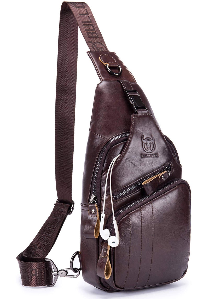 BULLCAPTAIN Cross body Bags for Men Leather Sling Bag Casual Daypacks Chest Bags Shoulder Bag Travel Hiking Backpacks (Coffee) - Image 1