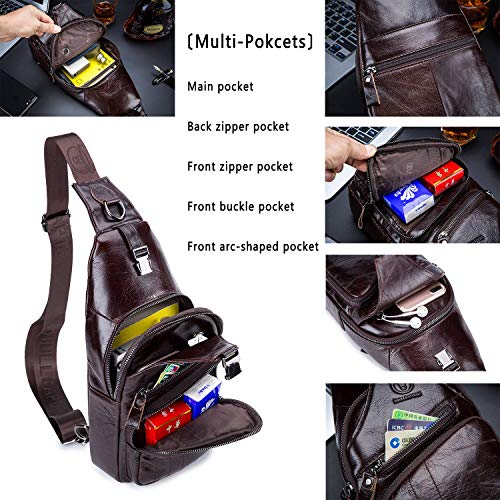 BULLCAPTAIN Cross body Bags for Men Leather Sling Bag Casual Daypacks Chest Bags Shoulder Bag Travel Hiking Backpacks (Coffee) - Image 3