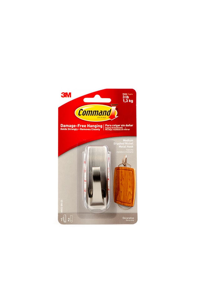 Command - Command MR02-BN Modern Reflections Metal Hook, Medium, Holds 1.3 Kg. each hook, Silver color. 1 hook and 2 strips/pack - Image 1