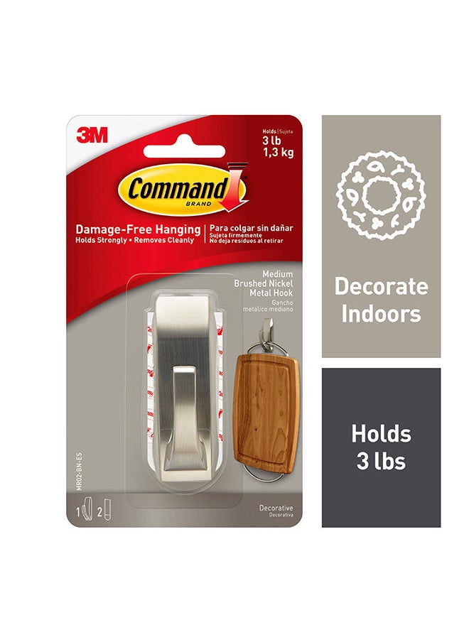 Command - Command MR02-BN Modern Reflections Metal Hook, Medium, Holds 1.3 Kg. each hook, Silver color. 1 hook and 2 strips/pack - Image 1