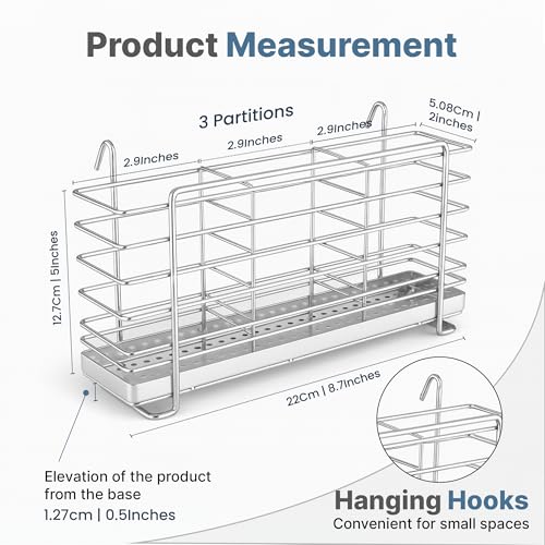 KESOL 304 Stainless Steel Utensil Drying Rack with Hooks & 3 Divided Compartments, Silverware Drying Basket, Spoon and Fork Organizer, Rustproof Kitchen Drainage Basket Accessories, Silver, 2x8.7x5 - Image 2