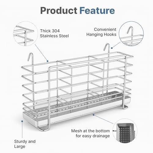 KESOL 304 Stainless Steel Utensil Drying Rack with Hooks & 3 Divided Compartments, Silverware Drying Basket, Spoon and Fork Organizer, Rustproof Kitchen Drainage Basket Accessories, Silver, 2x8.7x5 - Image 4