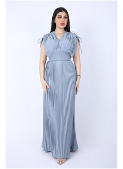 FULL JOY Maxi  chiffon dress with pleated design and short wide sleeves, Cyan  - Image 1