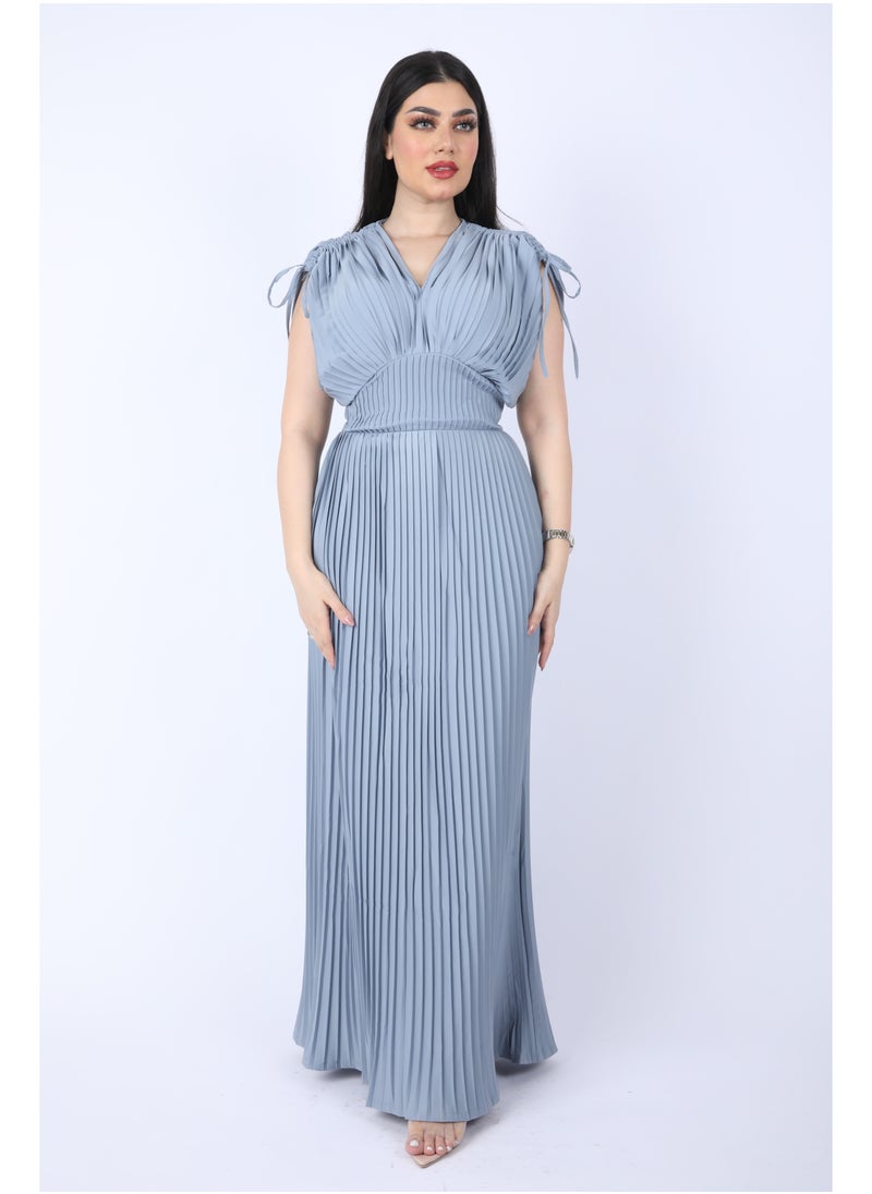 FULL JOY Maxi  chiffon dress with pleated design and short wide sleeves, Cyan  - Image 1