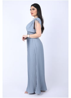 FULL JOY Maxi  chiffon dress with pleated design and short wide sleeves, Cyan  - Image 4