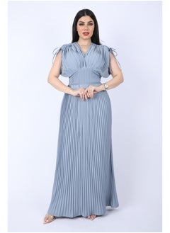 FULL JOY Maxi  chiffon dress with pleated design and short wide sleeves, Cyan  - Image 2