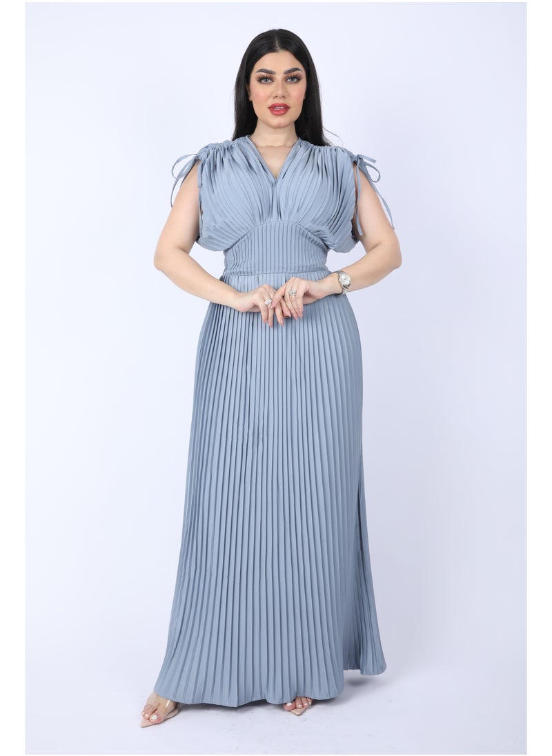FULL JOY Maxi  chiffon dress with pleated design and short wide sleeves, Cyan  - Image 2