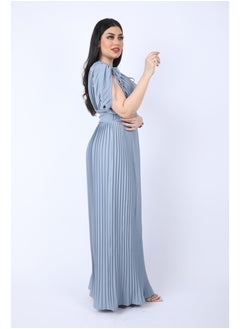 FULL JOY Maxi  chiffon dress with pleated design and short wide sleeves, Cyan  - Image 5