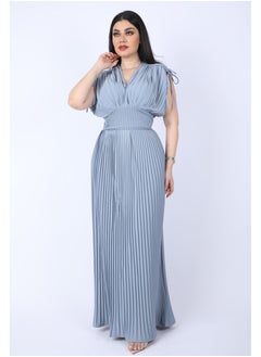 FULL JOY Maxi  chiffon dress with pleated design and short wide sleeves, Cyan  - Image 3