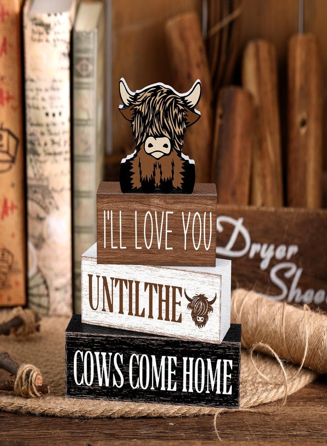 Marsui 4 Pcs Highland Cow Table Decorations Cow Wooden Signs Rustic Cow Tiered Tray Decor Western Tabletop Centerpieces Farmhouse Distressed Highland Cow Decor for Home Desk Room Kitchen Shelf Decor - Image 5