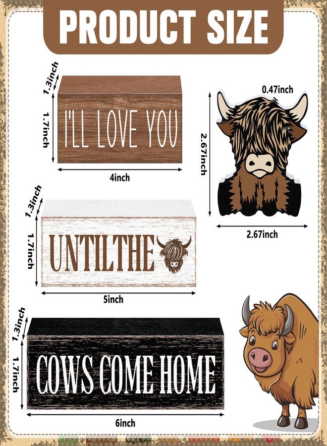 Marsui 4 Pcs Highland Cow Table Decorations Cow Wooden Signs Rustic Cow Tiered Tray Decor Western Tabletop Centerpieces Farmhouse Distressed Highland Cow Decor for Home Desk Room Kitchen Shelf Decor - Image 3