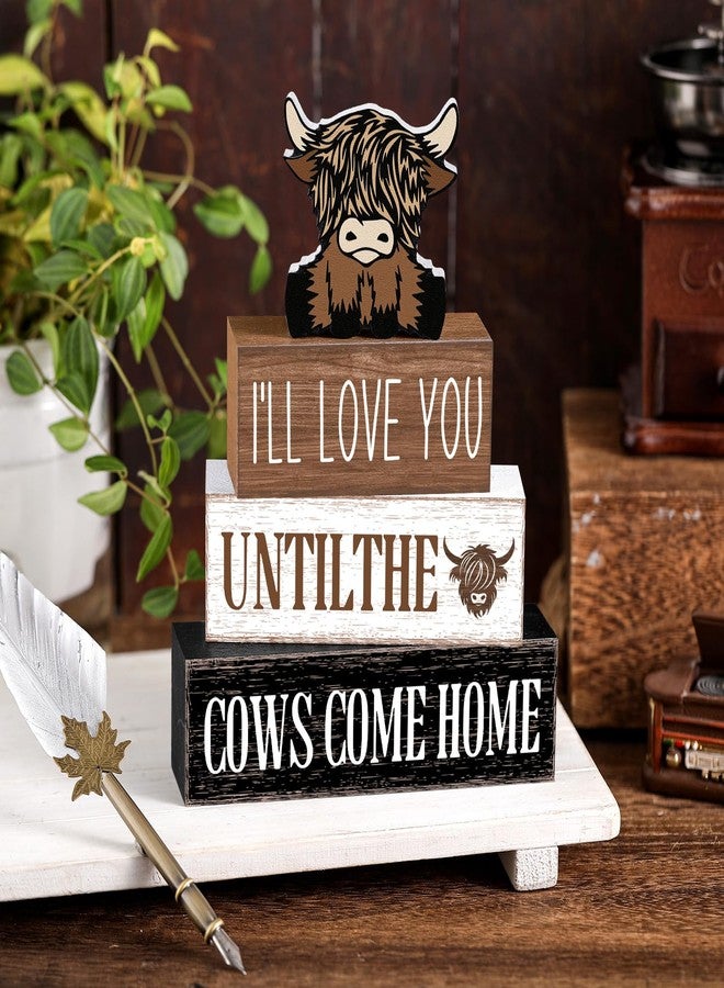 Marsui 4 Pcs Highland Cow Table Decorations Cow Wooden Signs Rustic Cow Tiered Tray Decor Western Tabletop Centerpieces Farmhouse Distressed Highland Cow Decor for Home Desk Room Kitchen Shelf Decor - Image 2