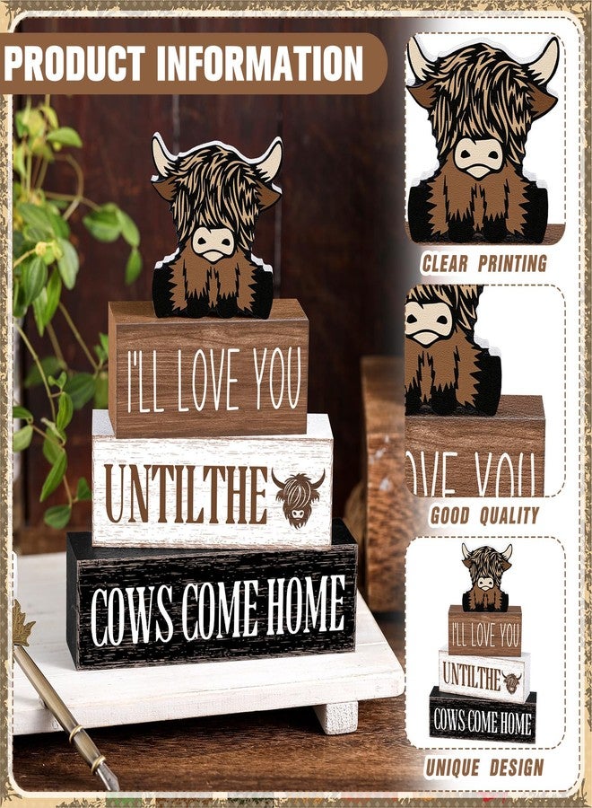 Marsui 4 Pcs Highland Cow Table Decorations Cow Wooden Signs Rustic Cow Tiered Tray Decor Western Tabletop Centerpieces Farmhouse Distressed Highland Cow Decor for Home Desk Room Kitchen Shelf Decor - Image 4