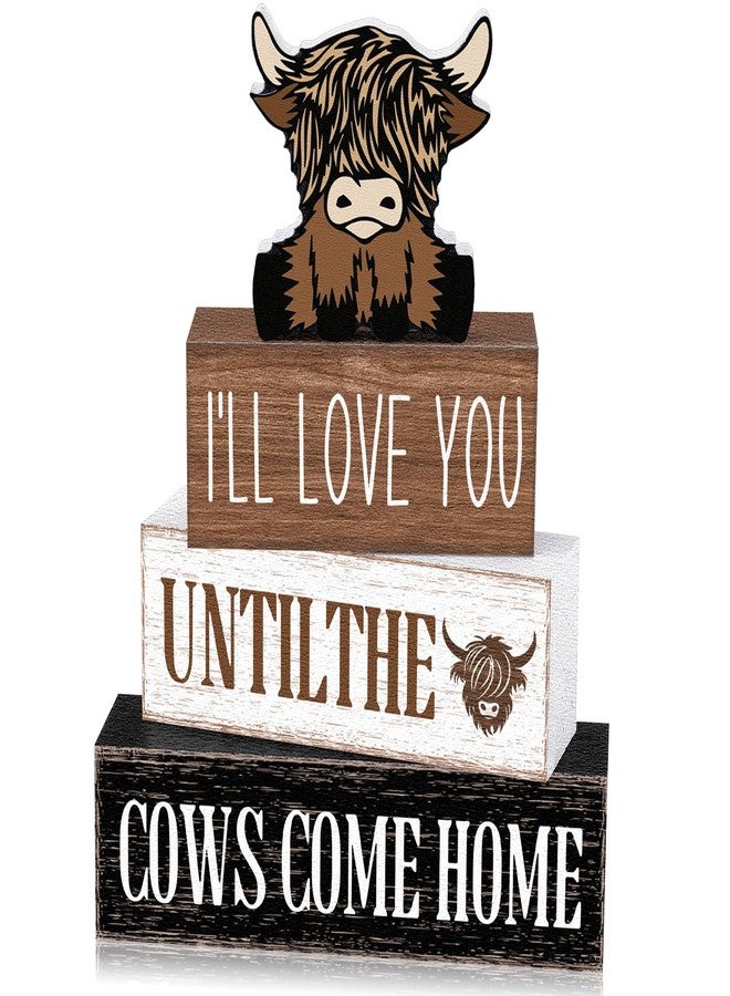 Marsui 4 Pcs Highland Cow Table Decorations Cow Wooden Signs Rustic Cow Tiered Tray Decor Western Tabletop Centerpieces Farmhouse Distressed Highland Cow Decor for Home Desk Room Kitchen Shelf Decor - Image 1