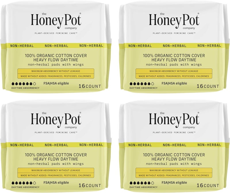 The Honey Pot Company - 64ct - Sanitary Pads for Women - Non-Herbal Heavy Flow Daytime w/Wings - Organic Cotton Cover & Ultra-Absorbent Core - Feminine Care - FSA & HSA Eligible