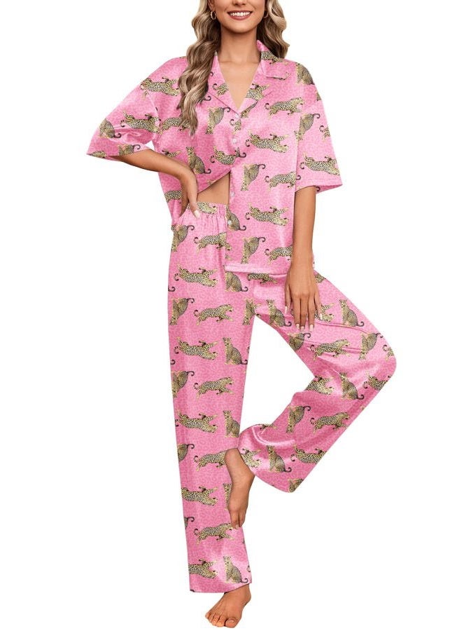 Ekouaer Silk Satin Pajamas Set Women Short Sleeve Pj Sets Button Down Sleepwear 2 Piece Soft Loungewear,Pink Cheetah,S - Image 1