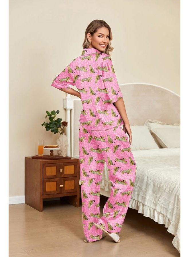 Ekouaer Silk Satin Pajamas Set Women Short Sleeve Pj Sets Button Down Sleepwear 2 Piece Soft Loungewear,Pink Cheetah,S - Image 3