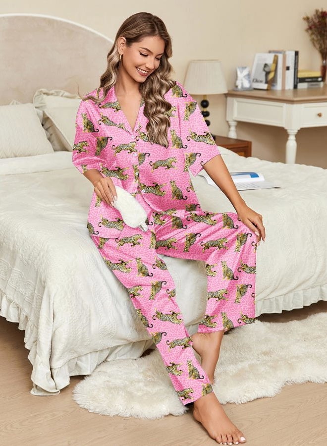 Ekouaer Silk Satin Pajamas Set Women Short Sleeve Pj Sets Button Down Sleepwear 2 Piece Soft Loungewear,Pink Cheetah,S - Image 4