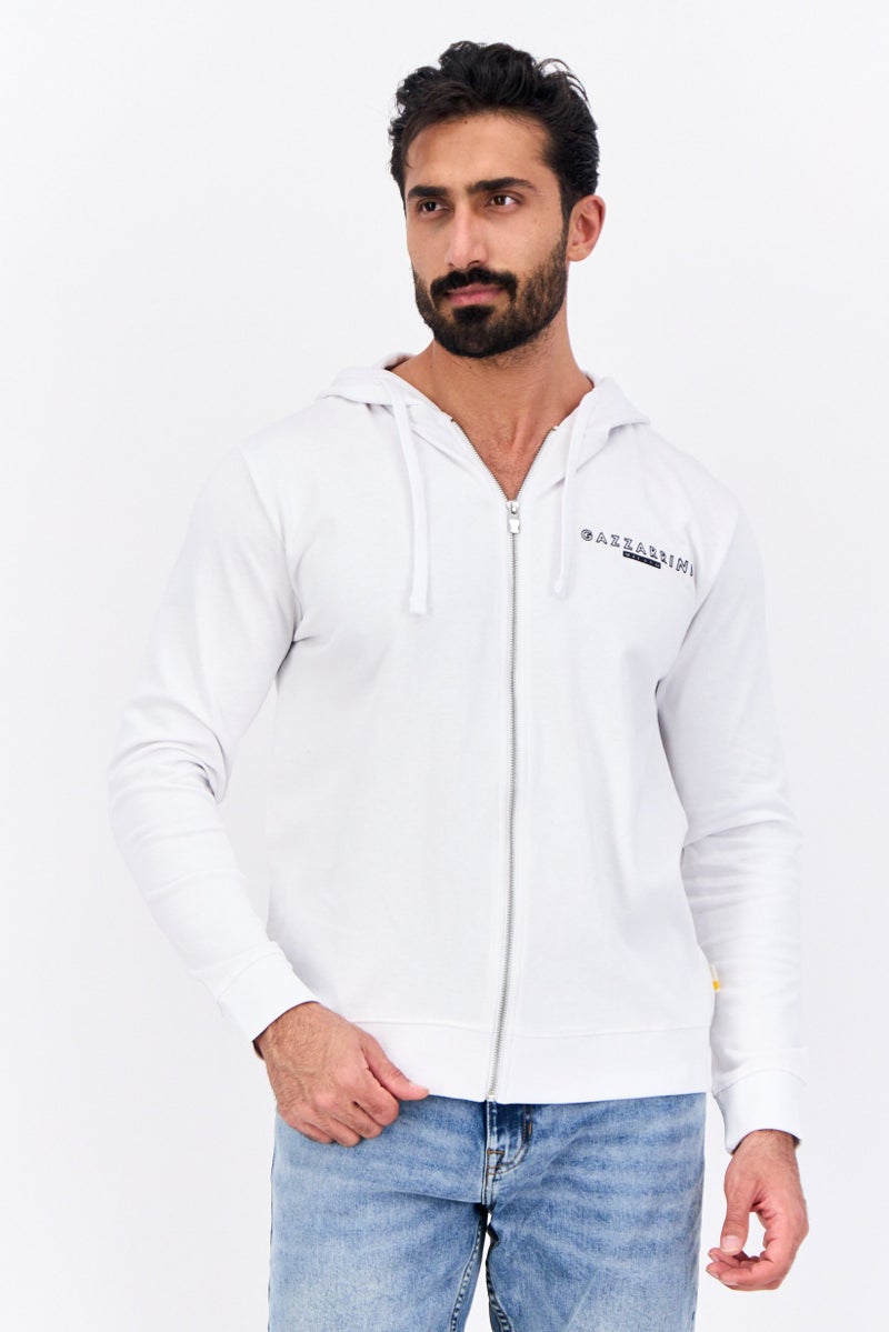 Gazzarrini سويت شيرت طويل الأكمام بغطاء رأس للرجال بشعار العلامة التجارية، أبيض - Image 1