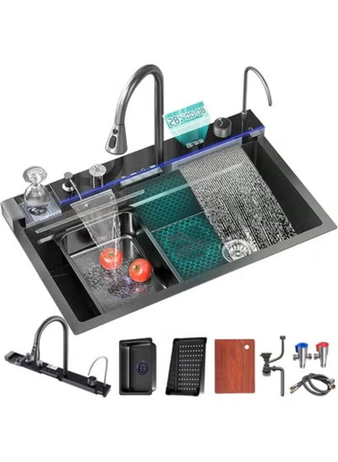 المفتاحة حوض مطبخ ذكي مع شاشة LED للتحكم باللمس، وحنفية شلال مزدوجة، وغسالة خضراوات، وموزع صابون، وملحقات متعددة الوظائف - حوض مزدوج من الفولاذ المقاوم للصدأ للمطابخ الحديثة - Image 1